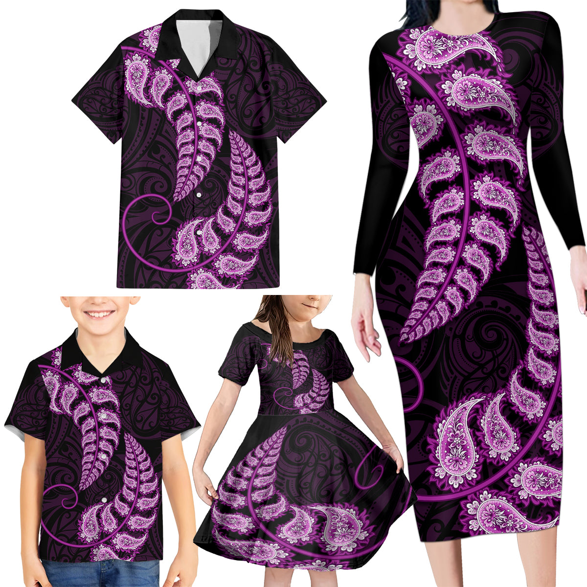 purple-new-zealand-paisley-silver-fern-family-matching-long-sleeve-bodycon-dress-and-hawaiian-shirt-aotearoa-maori