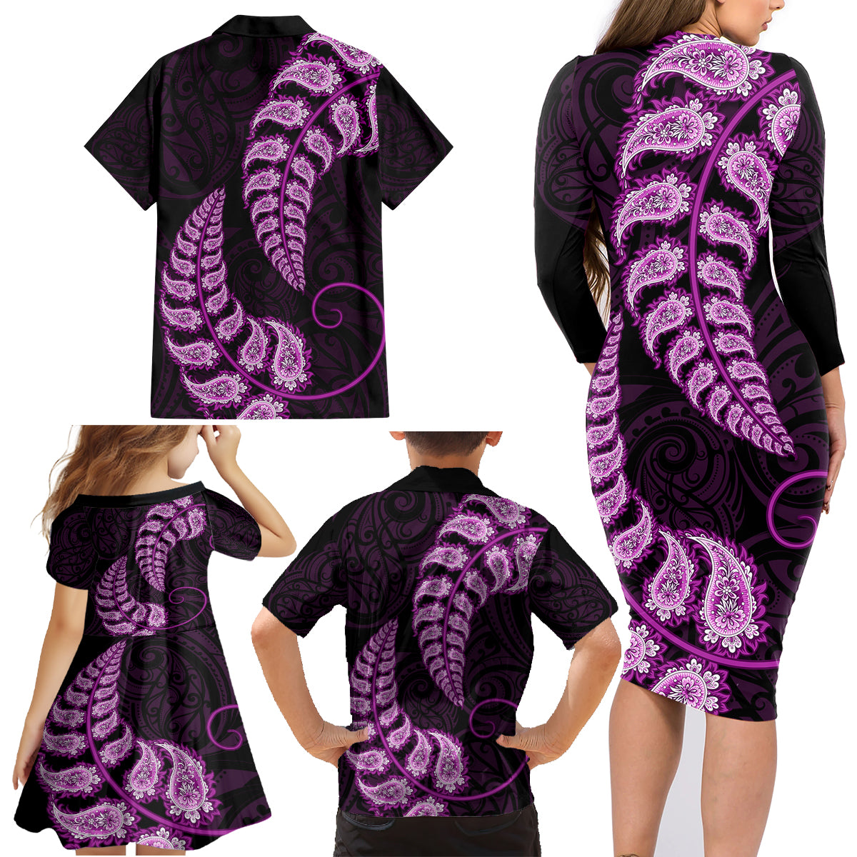 purple-new-zealand-paisley-silver-fern-family-matching-long-sleeve-bodycon-dress-and-hawaiian-shirt-aotearoa-maori