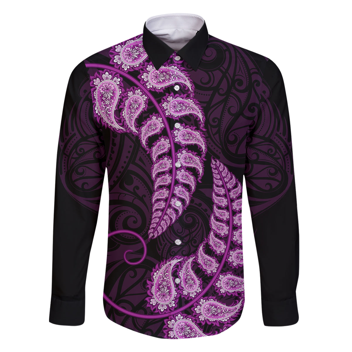 purple-new-zealand-paisley-silver-fern-family-matching-long-sleeve-bodycon-dress-and-hawaiian-shirt-aotearoa-maori