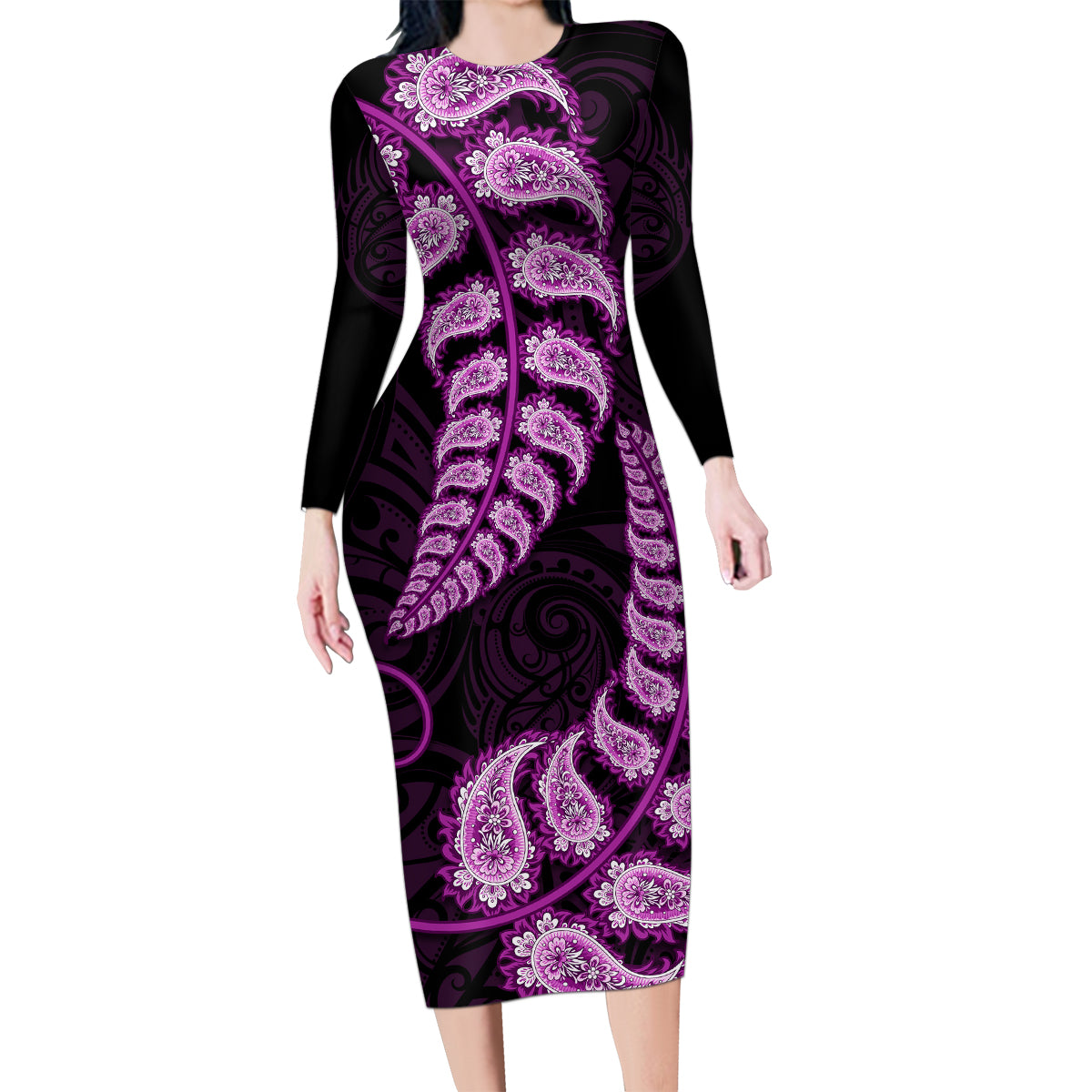 purple-new-zealand-paisley-silver-fern-family-matching-long-sleeve-bodycon-dress-and-hawaiian-shirt-aotearoa-maori