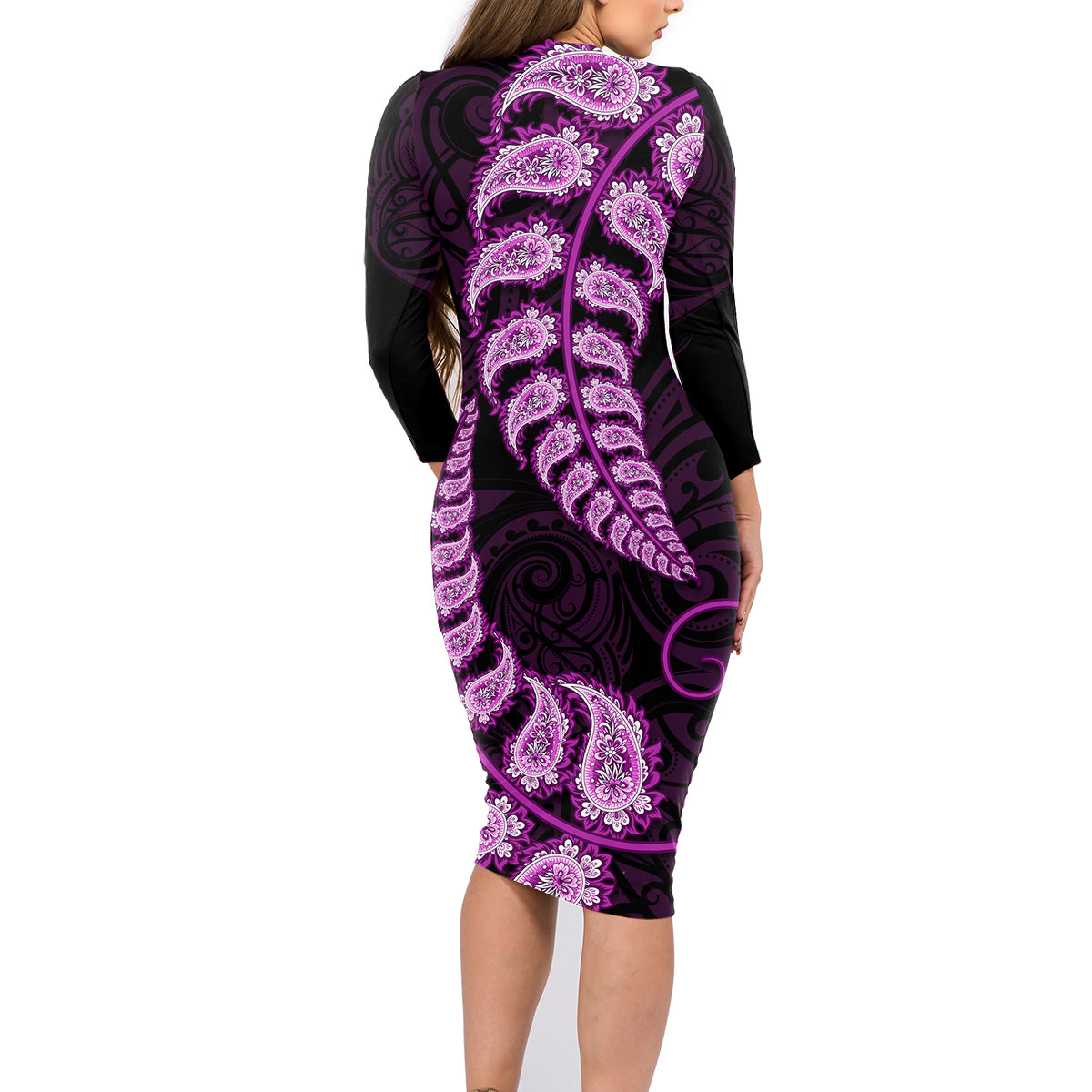 purple-new-zealand-paisley-silver-fern-family-matching-long-sleeve-bodycon-dress-and-hawaiian-shirt-aotearoa-maori