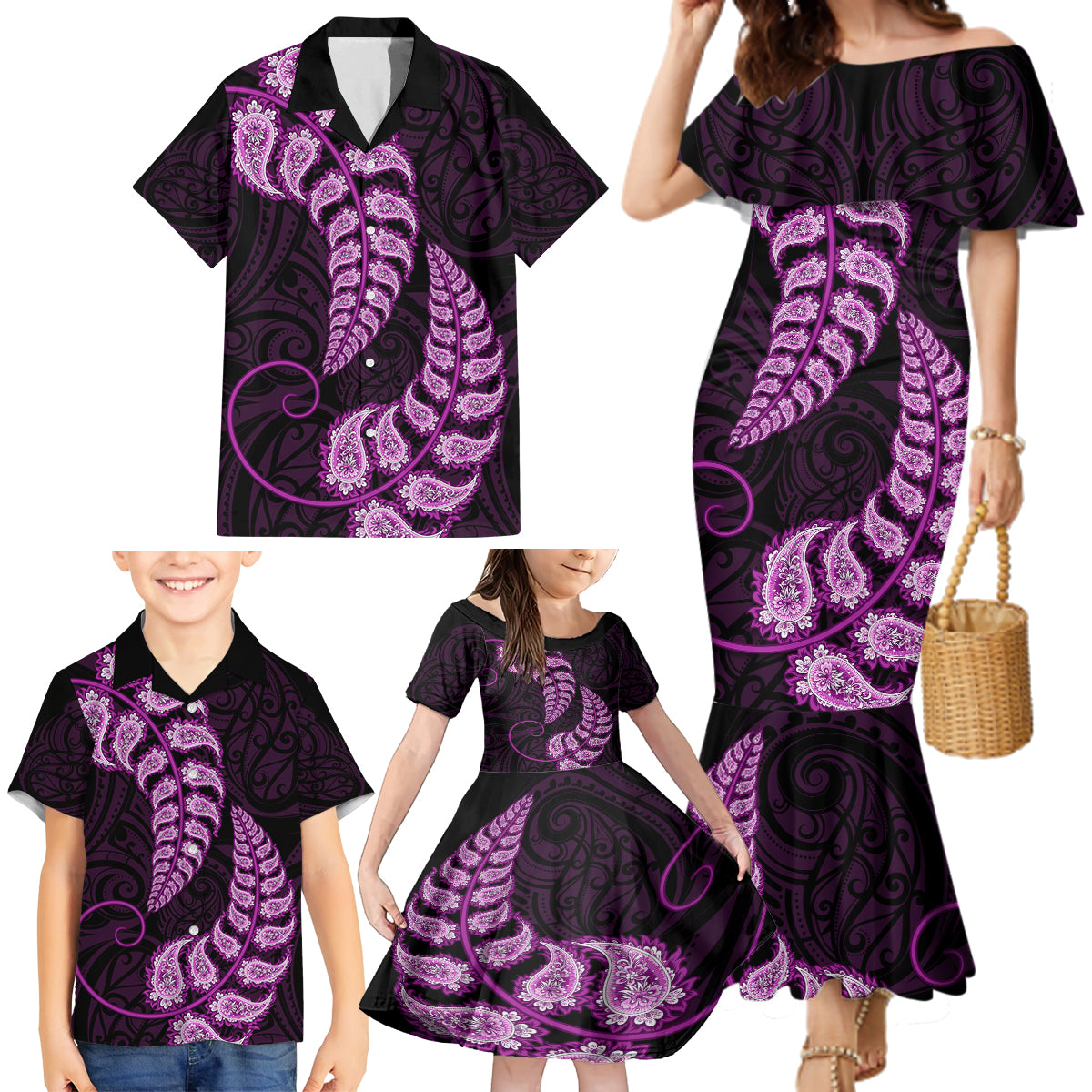 purple-new-zealand-paisley-silver-fern-family-matching-mermaid-dress-and-hawaiian-shirt-aotearoa-maori