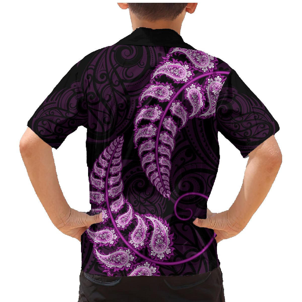 purple-new-zealand-paisley-silver-fern-family-matching-mermaid-dress-and-hawaiian-shirt-aotearoa-maori