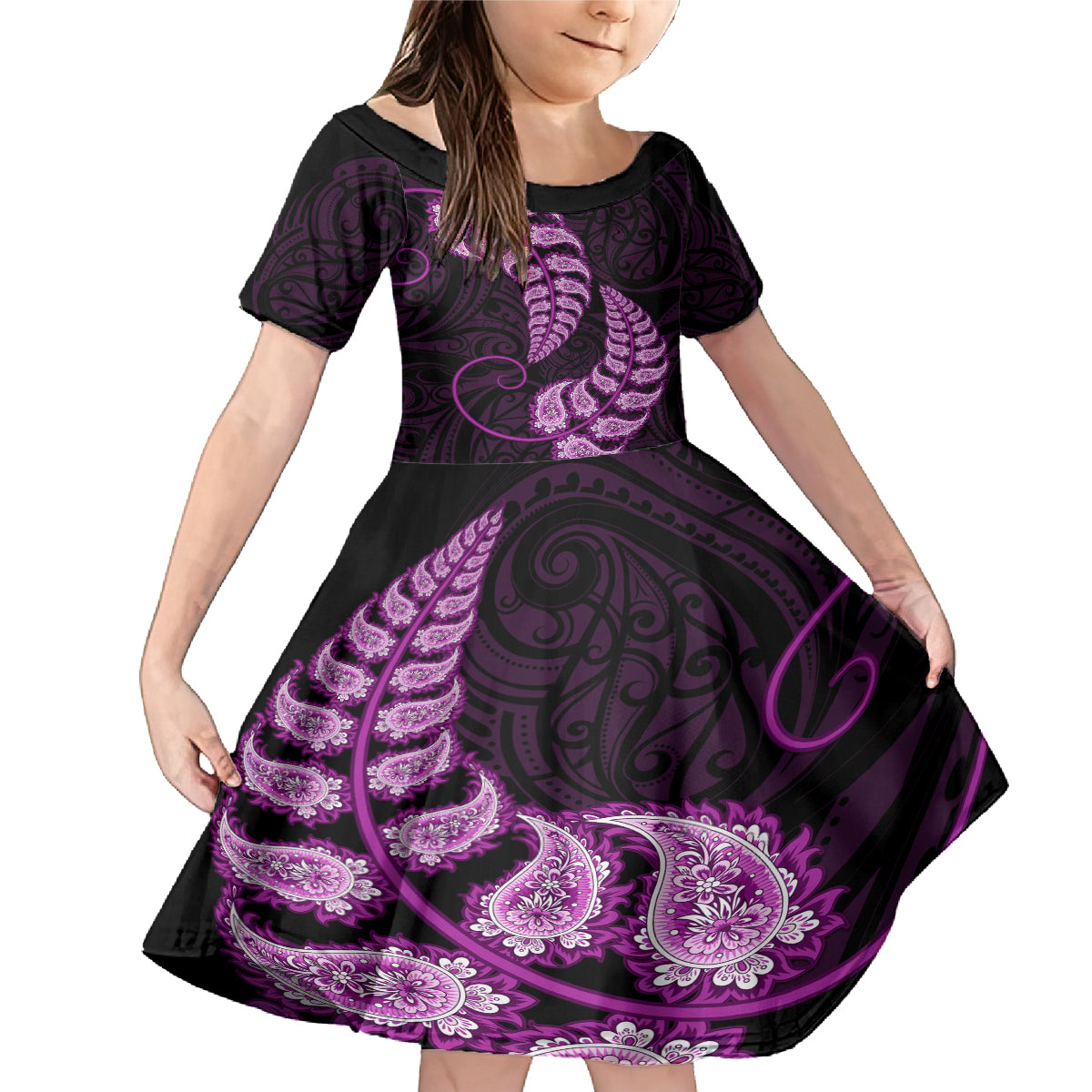 purple-new-zealand-paisley-silver-fern-family-matching-mermaid-dress-and-hawaiian-shirt-aotearoa-maori