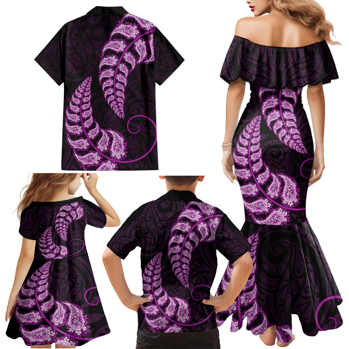 purple-new-zealand-paisley-silver-fern-family-matching-mermaid-dress-and-hawaiian-shirt-aotearoa-maori