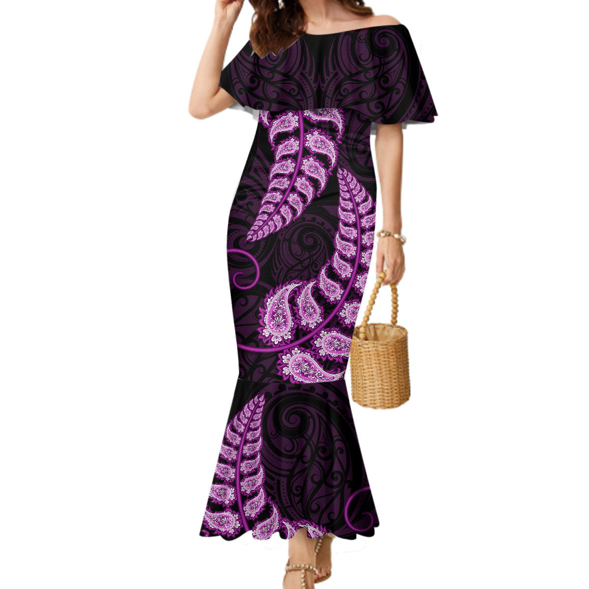 purple-new-zealand-paisley-silver-fern-family-matching-mermaid-dress-and-hawaiian-shirt-aotearoa-maori