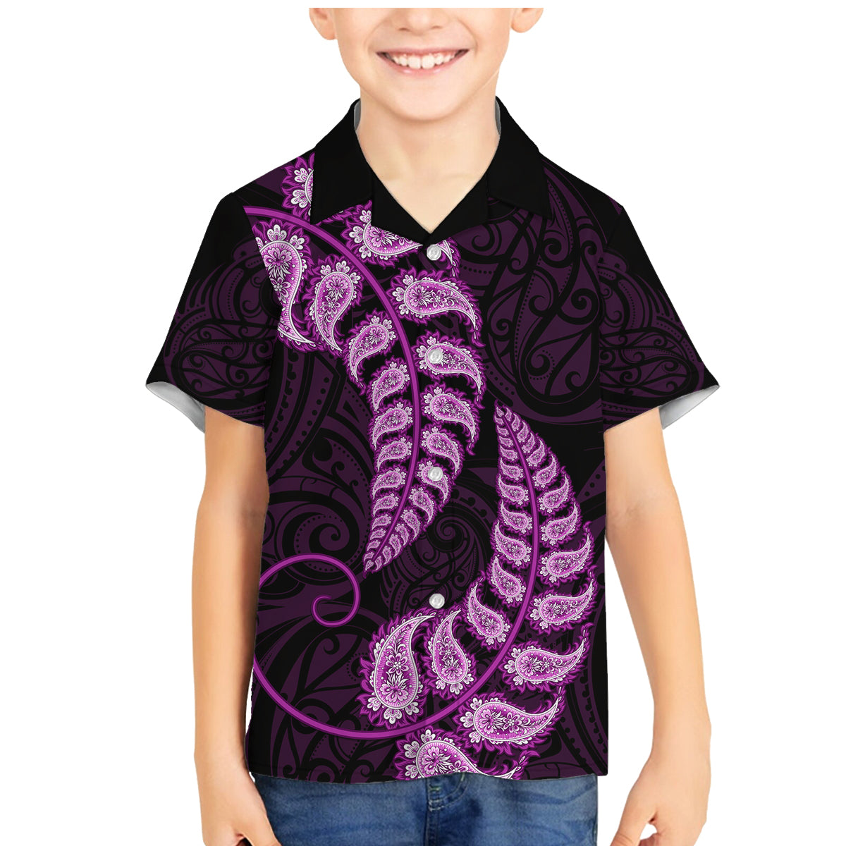 purple-new-zealand-paisley-silver-fern-family-matching-mermaid-dress-and-hawaiian-shirt-aotearoa-maori