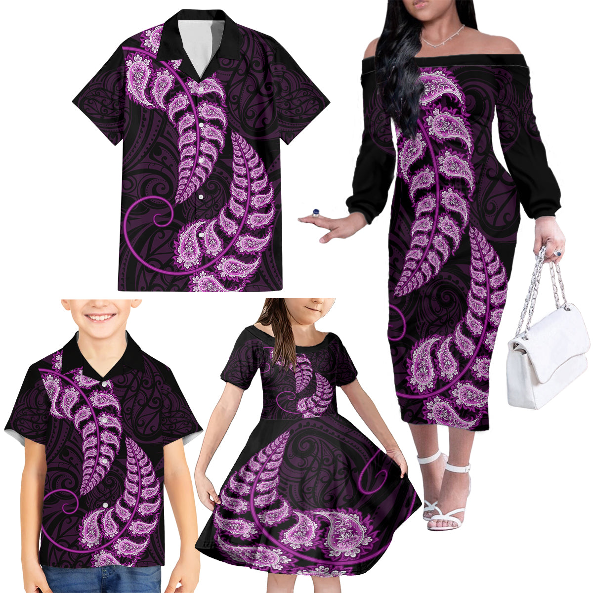 purple-new-zealand-paisley-silver-fern-family-matching-off-shoulder-long-sleeve-dress-and-hawaiian-shirt-aotearoa-maori