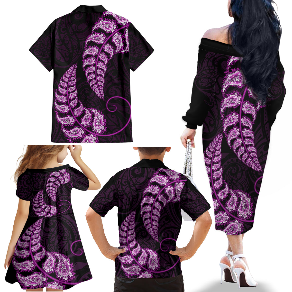 purple-new-zealand-paisley-silver-fern-family-matching-off-shoulder-long-sleeve-dress-and-hawaiian-shirt-aotearoa-maori