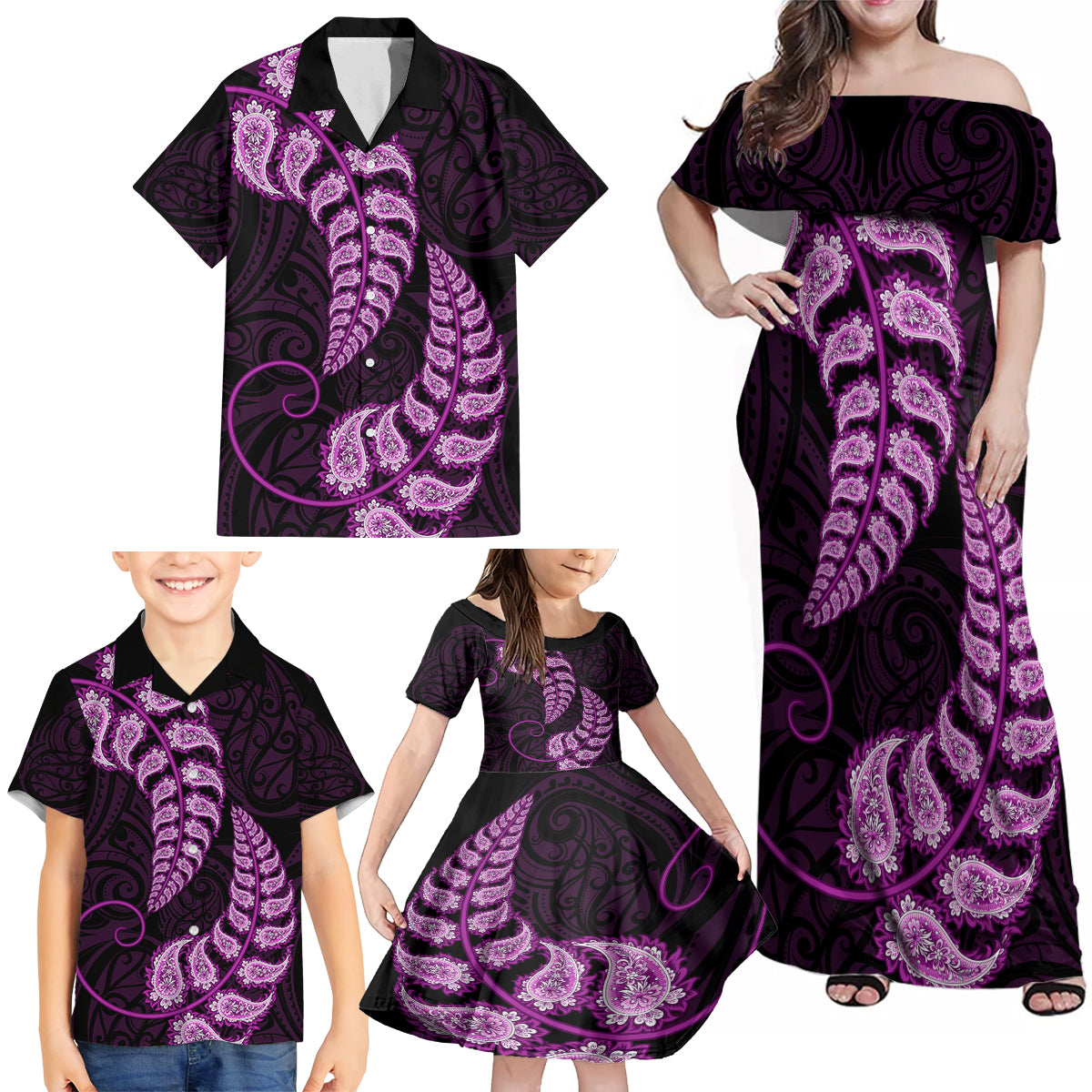 purple-new-zealand-paisley-silver-fern-family-matching-off-shoulder-maxi-dress-and-hawaiian-shirt-aotearoa-maori