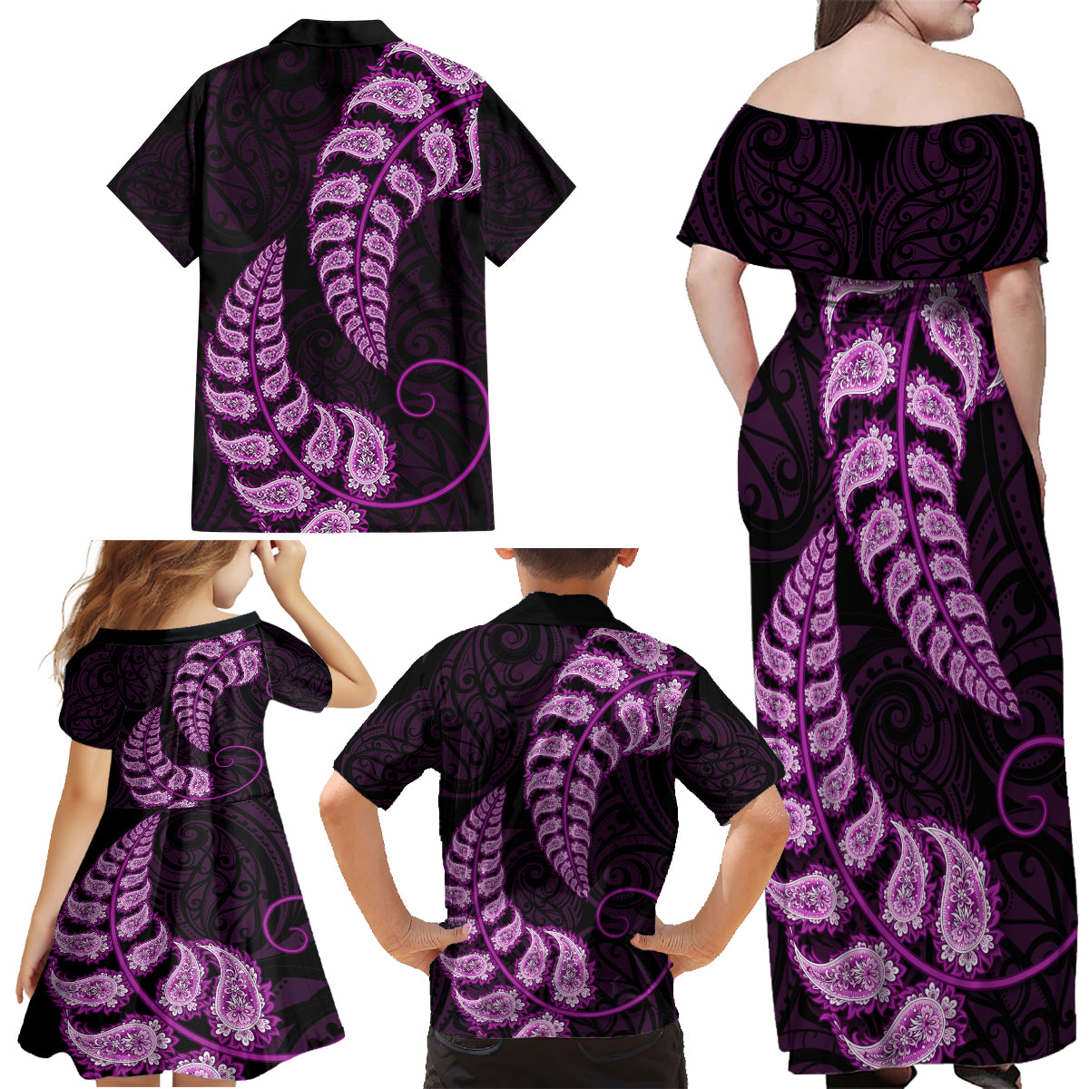 purple-new-zealand-paisley-silver-fern-family-matching-off-shoulder-maxi-dress-and-hawaiian-shirt-aotearoa-maori