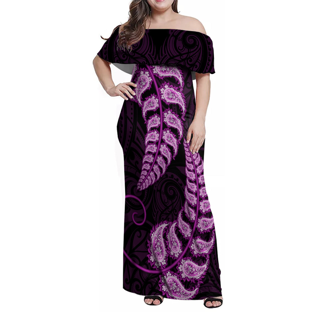 purple-new-zealand-paisley-silver-fern-family-matching-off-shoulder-maxi-dress-and-hawaiian-shirt-aotearoa-maori