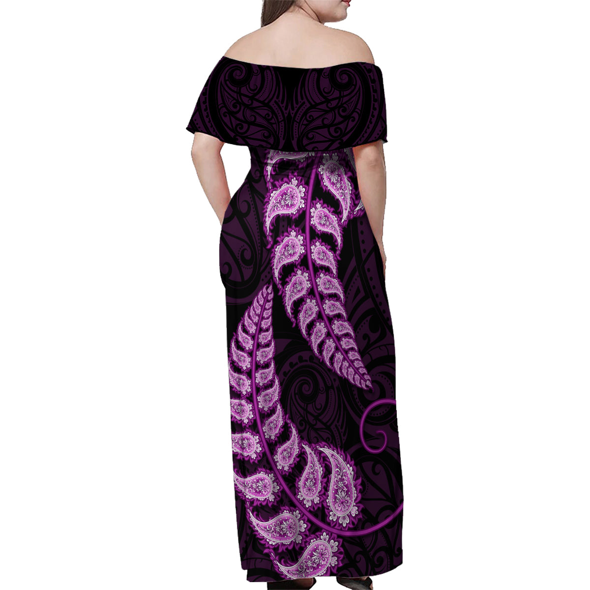 purple-new-zealand-paisley-silver-fern-family-matching-off-shoulder-maxi-dress-and-hawaiian-shirt-aotearoa-maori