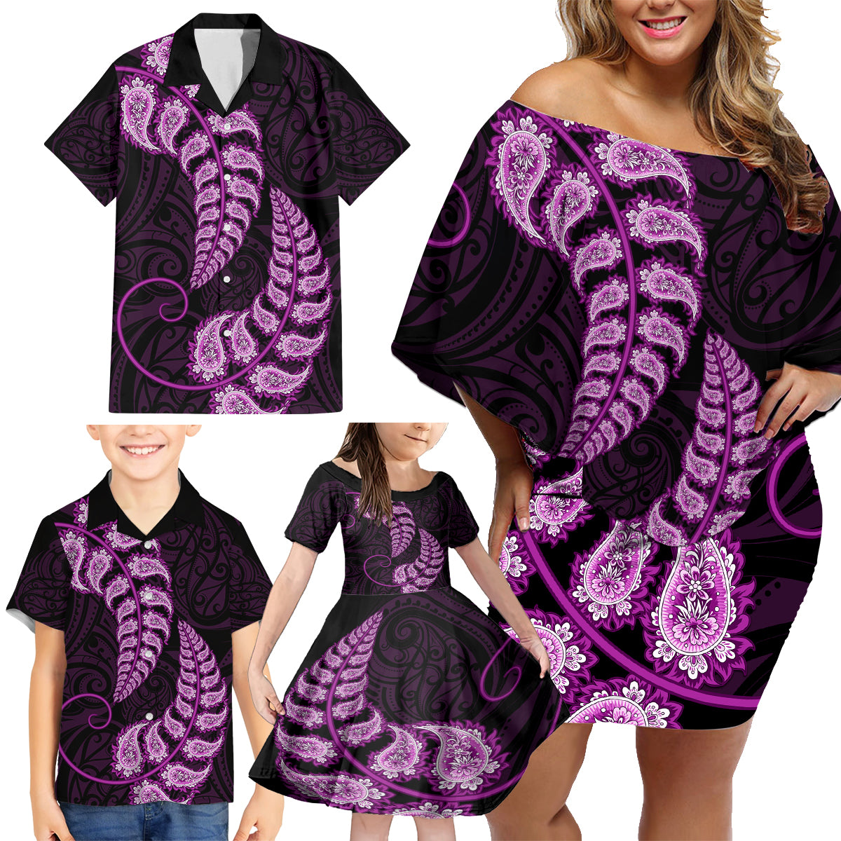 purple-new-zealand-paisley-silver-fern-family-matching-off-shoulder-short-dress-and-hawaiian-shirt-aotearoa-maori