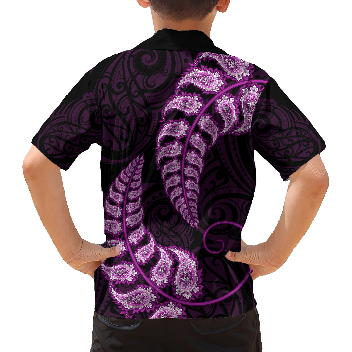 purple-new-zealand-paisley-silver-fern-family-matching-off-shoulder-short-dress-and-hawaiian-shirt-aotearoa-maori