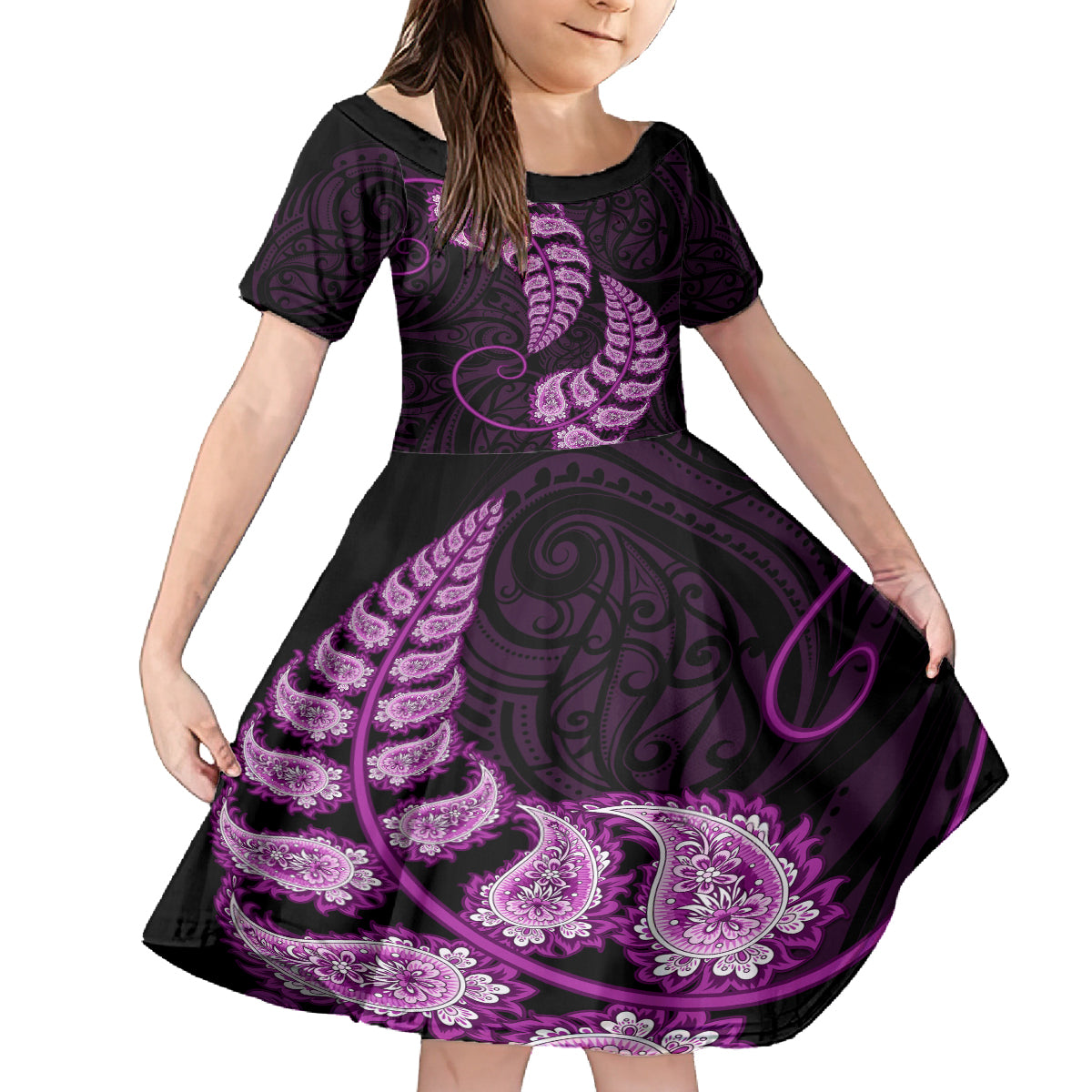 purple-new-zealand-paisley-silver-fern-family-matching-off-shoulder-short-dress-and-hawaiian-shirt-aotearoa-maori