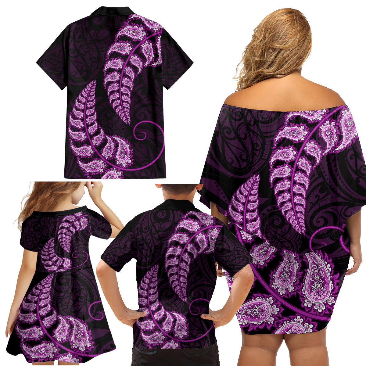 purple-new-zealand-paisley-silver-fern-family-matching-off-shoulder-short-dress-and-hawaiian-shirt-aotearoa-maori