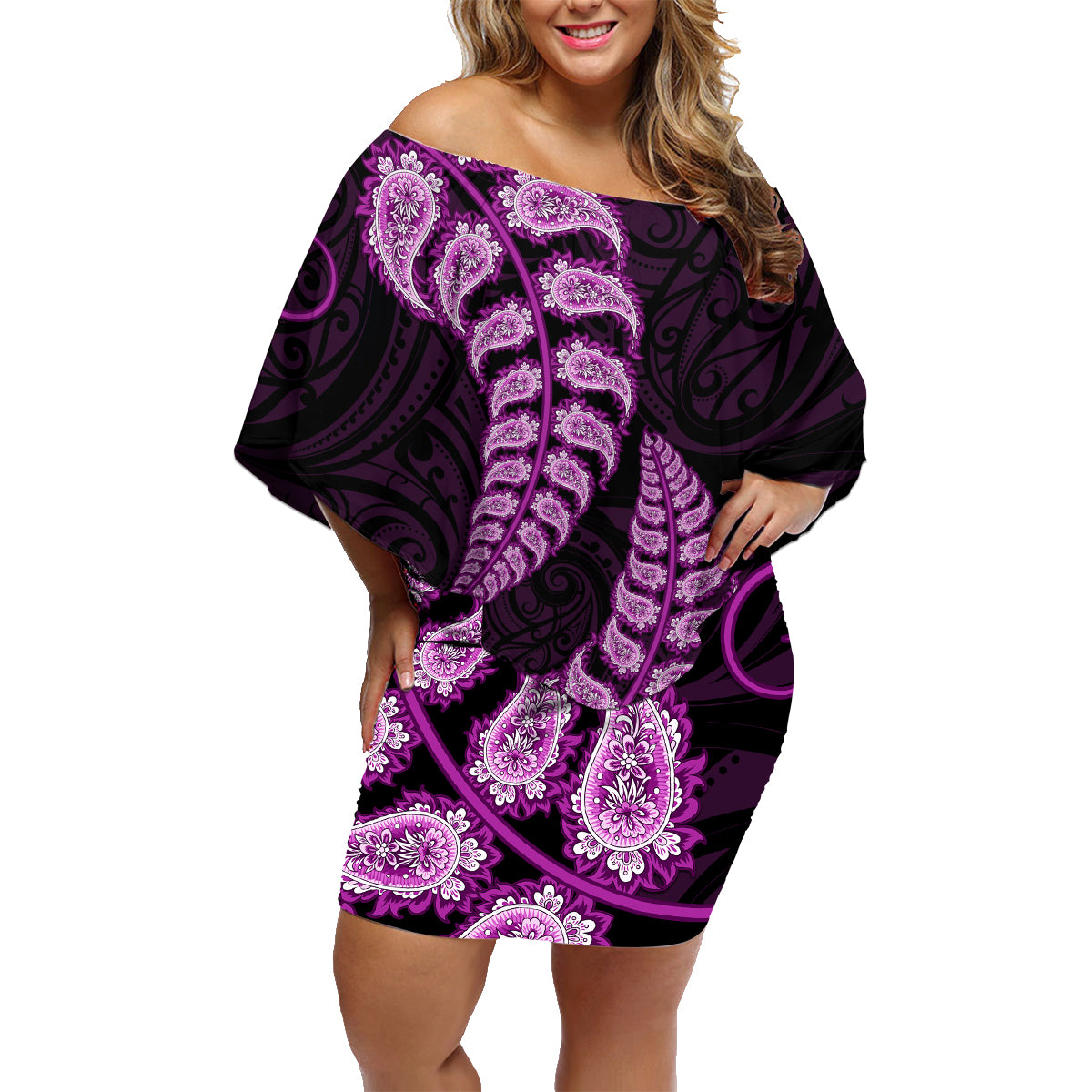 purple-new-zealand-paisley-silver-fern-family-matching-off-shoulder-short-dress-and-hawaiian-shirt-aotearoa-maori