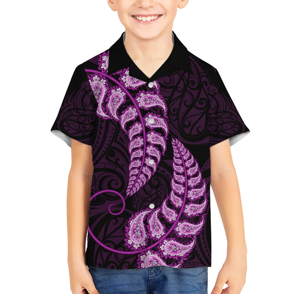 purple-new-zealand-paisley-silver-fern-family-matching-off-shoulder-short-dress-and-hawaiian-shirt-aotearoa-maori