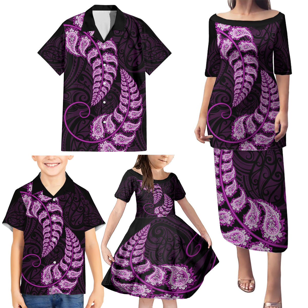 purple-new-zealand-paisley-silver-fern-family-matching-puletasi-dress-and-hawaiian-shirt-aotearoa-maori