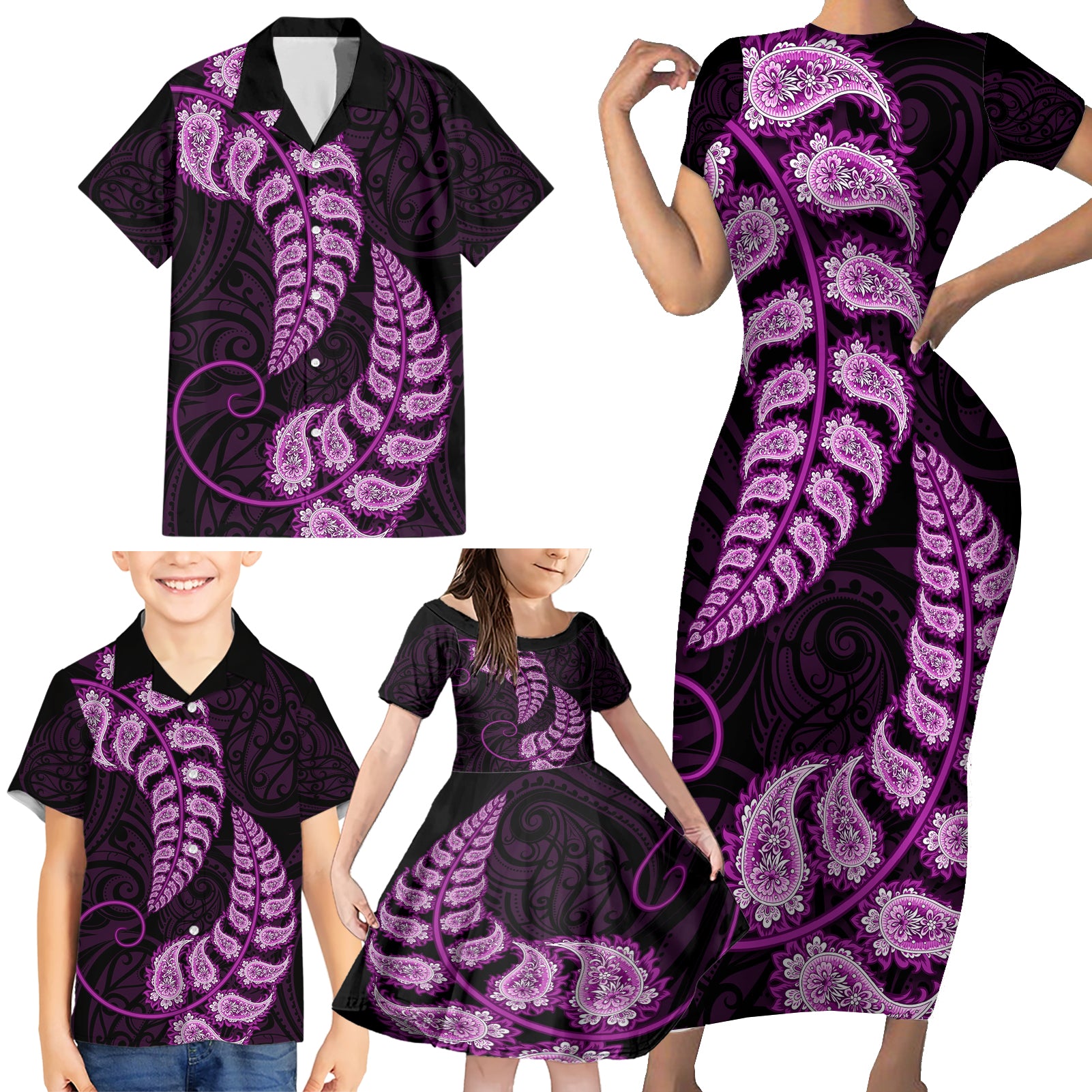 purple-new-zealand-paisley-silver-fern-family-matching-short-sleeve-bodycon-dress-and-hawaiian-shirt-aotearoa-maori