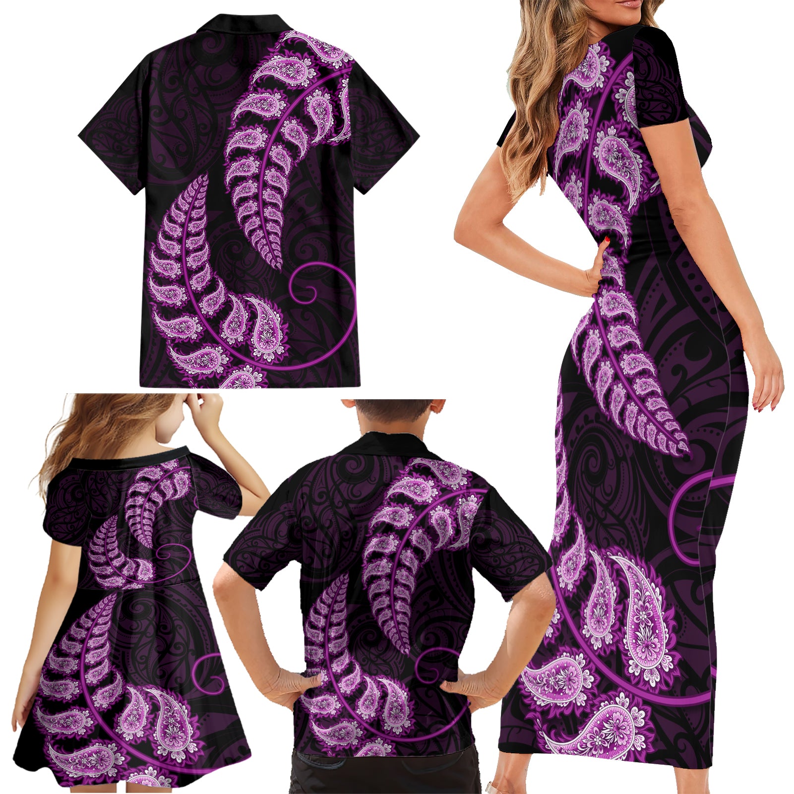 purple-new-zealand-paisley-silver-fern-family-matching-short-sleeve-bodycon-dress-and-hawaiian-shirt-aotearoa-maori