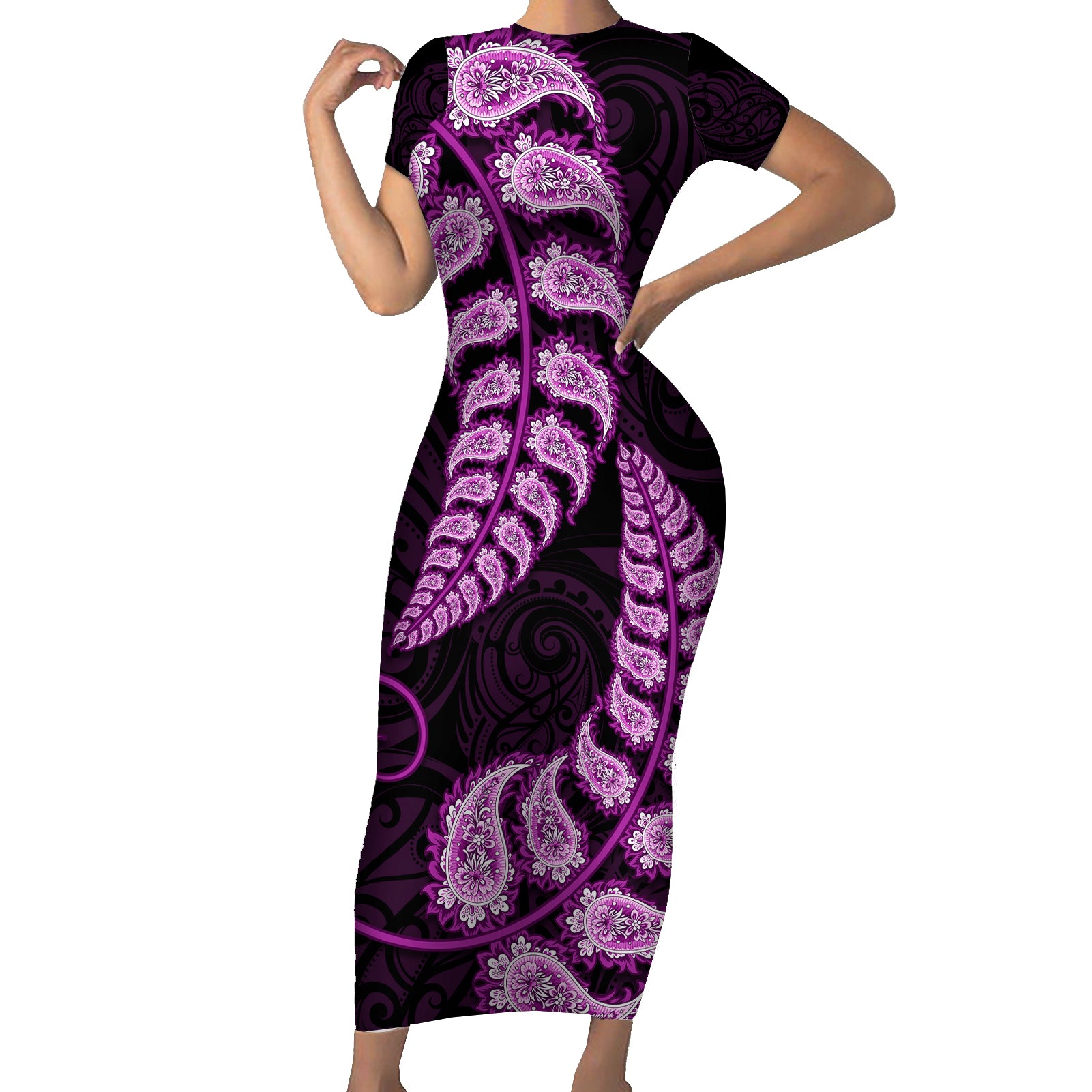 purple-new-zealand-paisley-silver-fern-family-matching-short-sleeve-bodycon-dress-and-hawaiian-shirt-aotearoa-maori