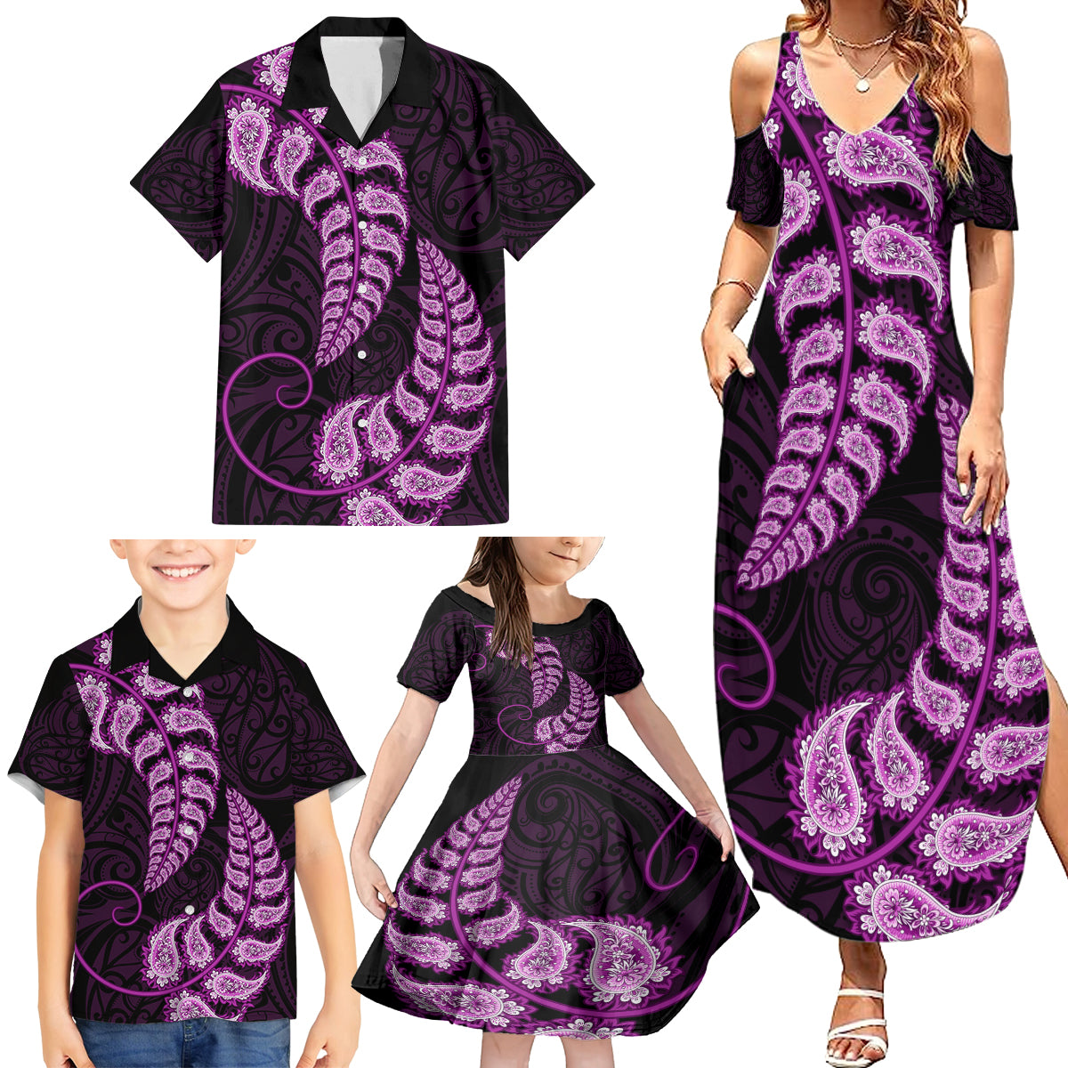 purple-new-zealand-paisley-silver-fern-family-matching-summer-maxi-dress-and-hawaiian-shirt-aotearoa-maori