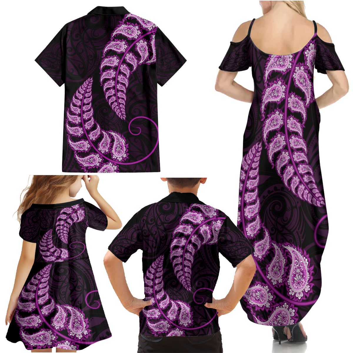 purple-new-zealand-paisley-silver-fern-family-matching-summer-maxi-dress-and-hawaiian-shirt-aotearoa-maori