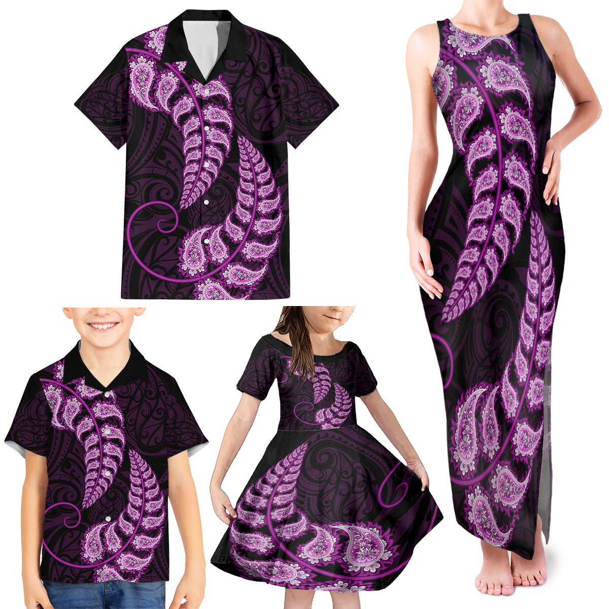 purple-new-zealand-paisley-silver-fern-family-matching-tank-maxi-dress-and-hawaiian-shirt-aotearoa-maori