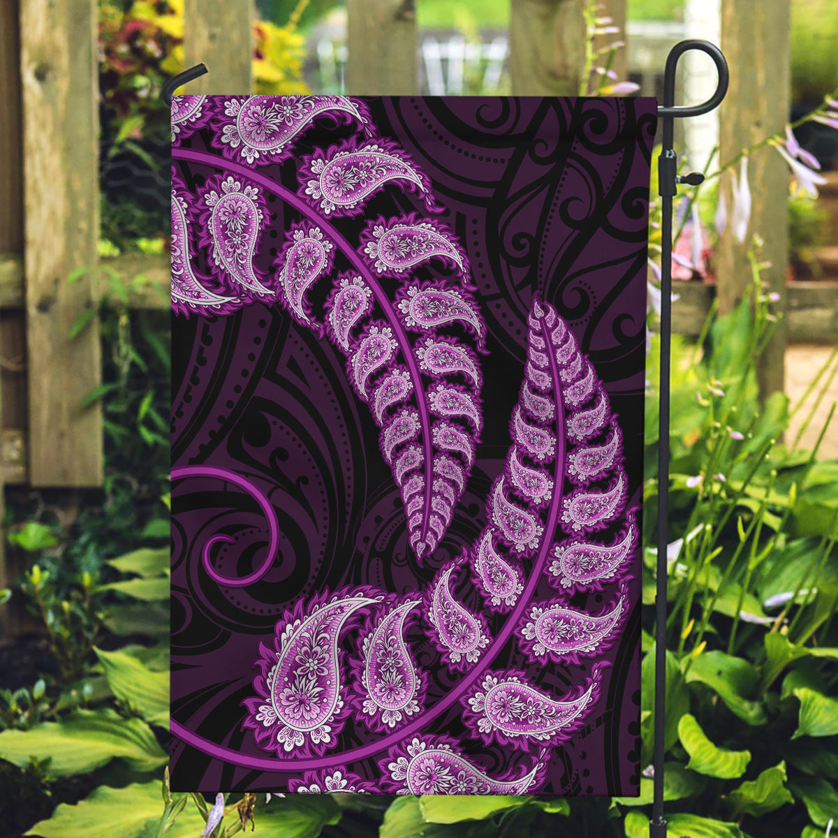 Purple New Zealand Paisley Silver Fern Garden Flag Aotearoa Maori - Vibe Hoodie Shop