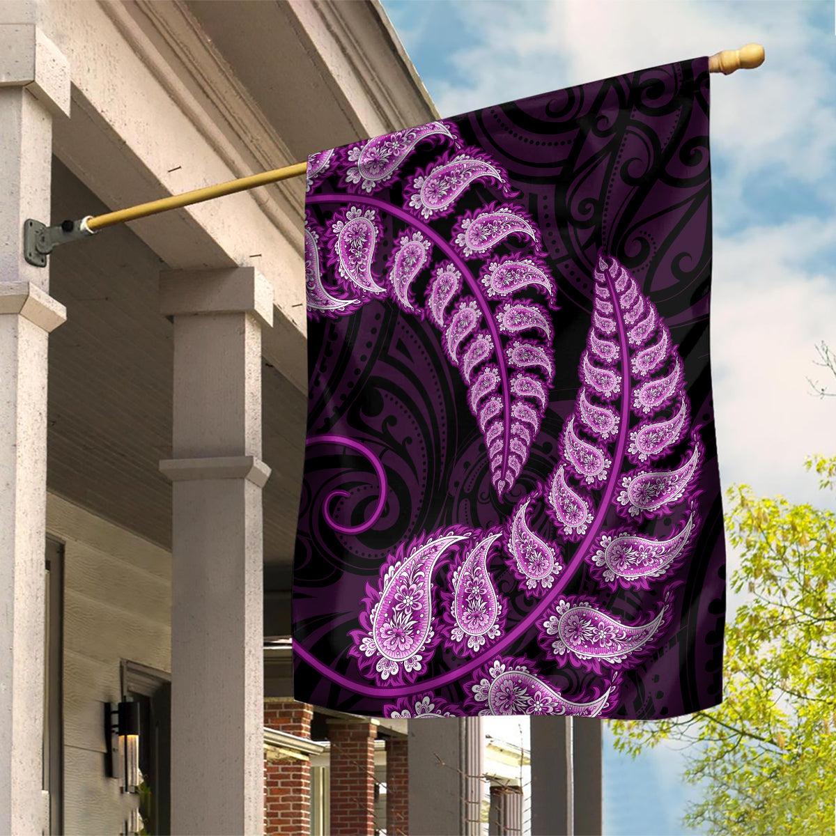 Purple New Zealand Paisley Silver Fern Garden Flag Aotearoa Maori - Vibe Hoodie Shop