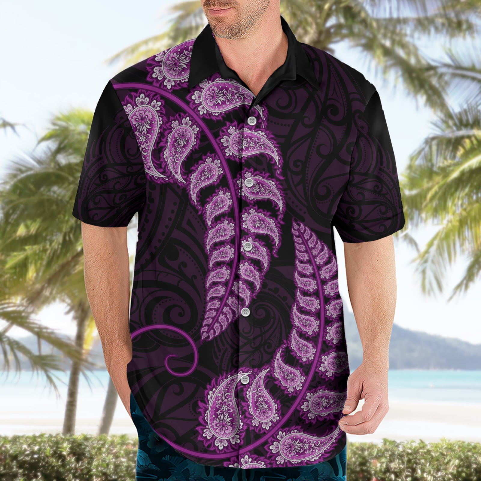 Purple New Zealand Paisley Silver Fern Hawaiian Shirt Aotearoa Maori - Vibe Hoodie Shop