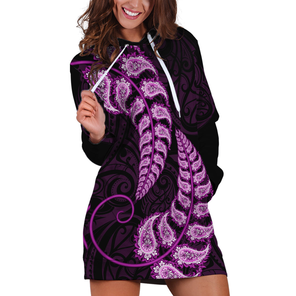 Purple New Zealand Paisley Silver Fern Hoodie Dress Aotearoa Maori - Vibe Hoodie Shop