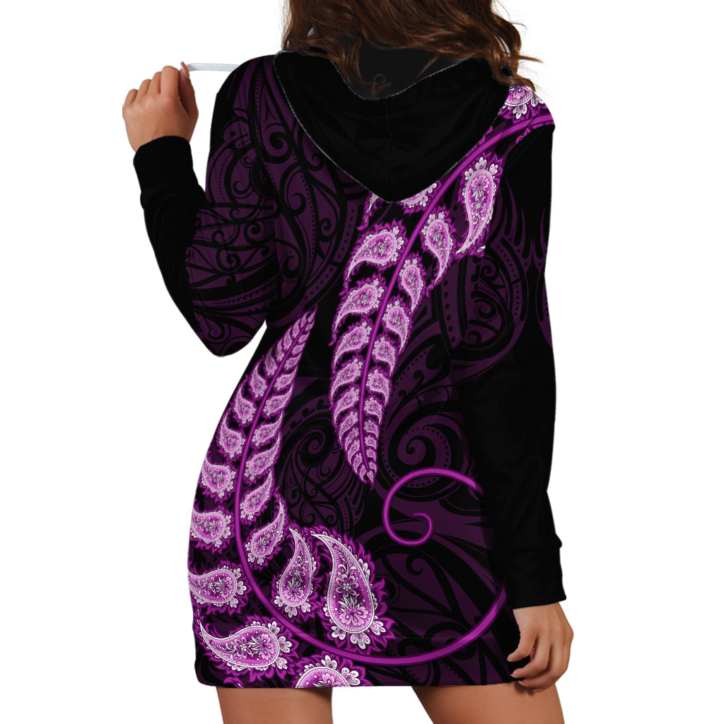 Purple New Zealand Paisley Silver Fern Hoodie Dress Aotearoa Maori - Vibe Hoodie Shop