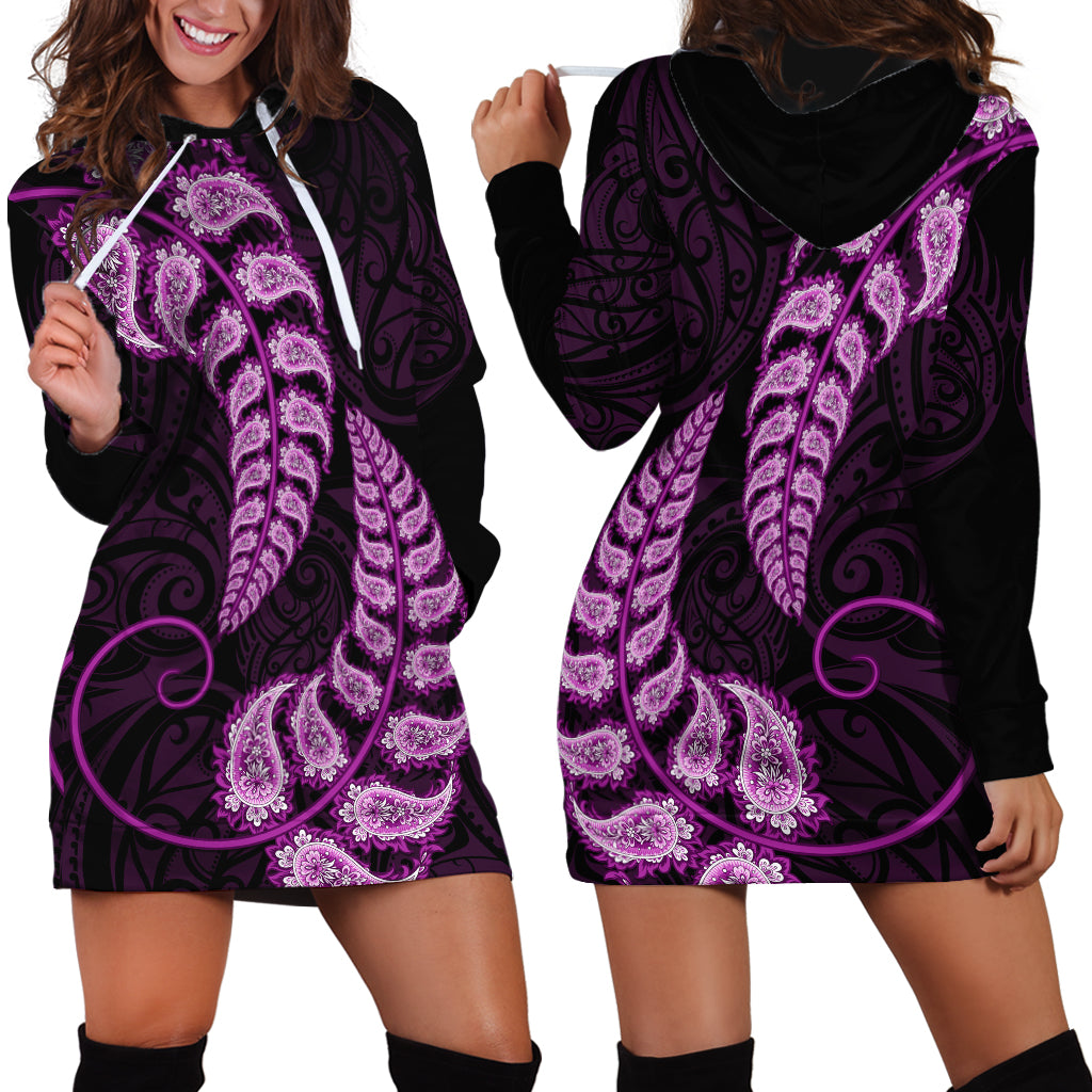 Purple New Zealand Paisley Silver Fern Hoodie Dress Aotearoa Maori - Vibe Hoodie Shop