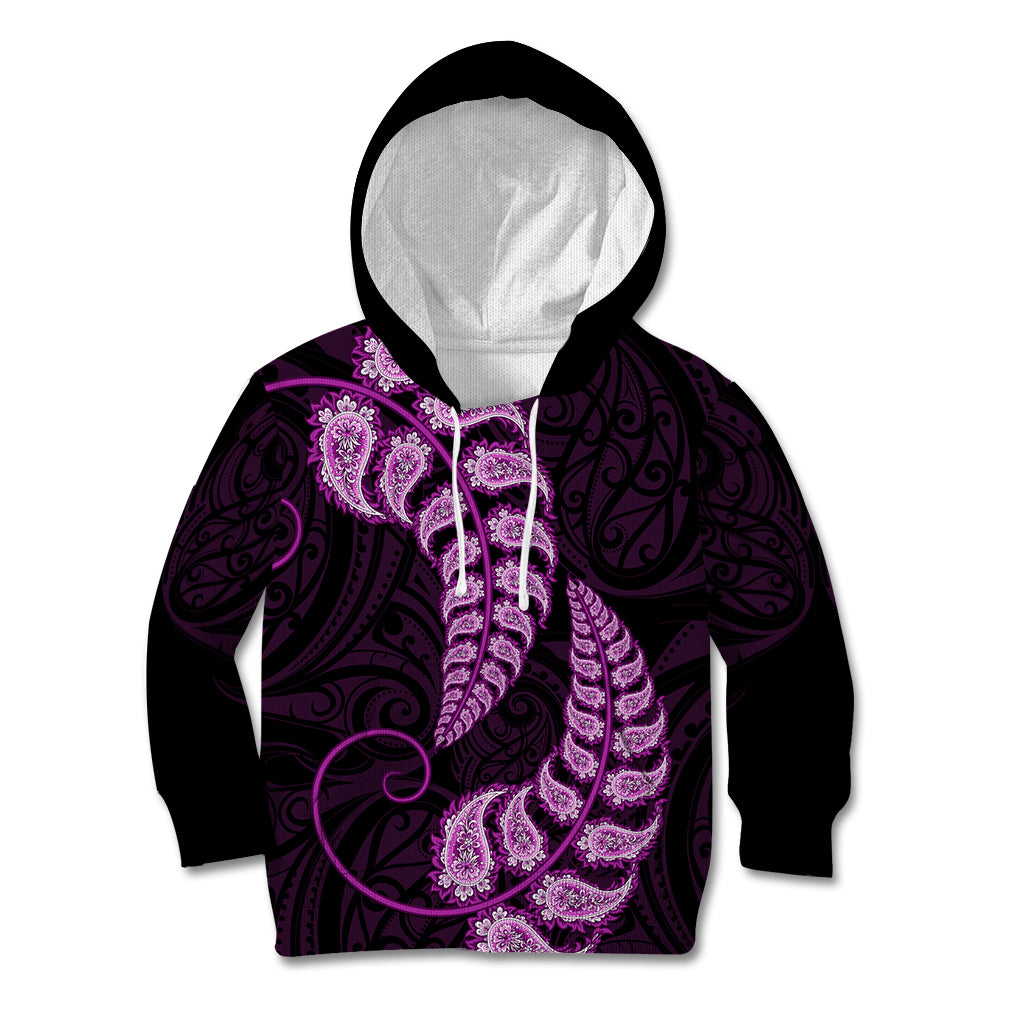 Purple New Zealand Paisley Silver Fern Kid Hoodie Aotearoa Maori - Vibe Hoodie Shop