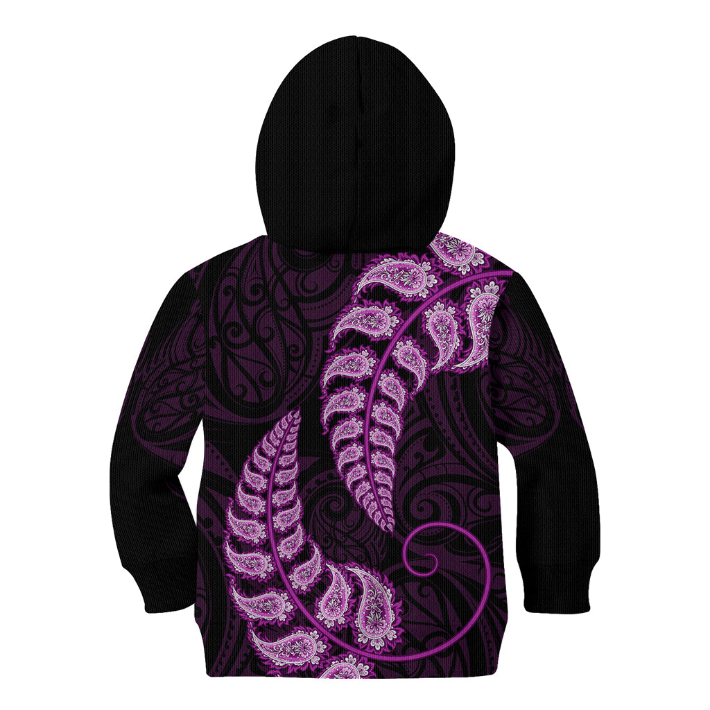 Purple New Zealand Paisley Silver Fern Kid Hoodie Aotearoa Maori - Vibe Hoodie Shop