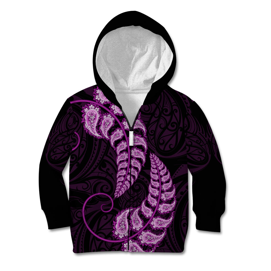 Purple New Zealand Paisley Silver Fern Kid Hoodie Aotearoa Maori - Vibe Hoodie Shop