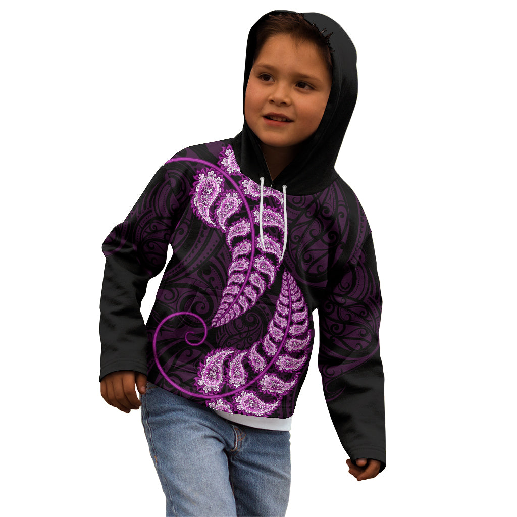 Purple New Zealand Paisley Silver Fern Kid Hoodie Aotearoa Maori - Vibe Hoodie Shop