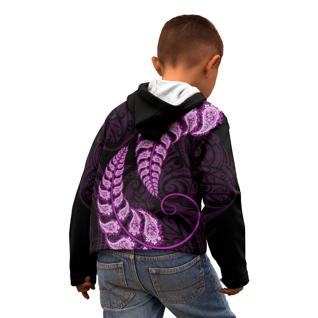 Purple New Zealand Paisley Silver Fern Kid Hoodie Aotearoa Maori - Vibe Hoodie Shop