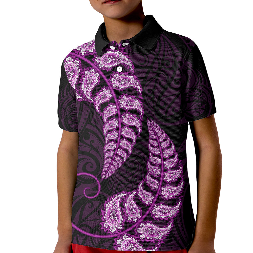 Purple New Zealand Paisley Silver Fern Kid Polo Shirt Aotearoa Maori - Vibe Hoodie Shop