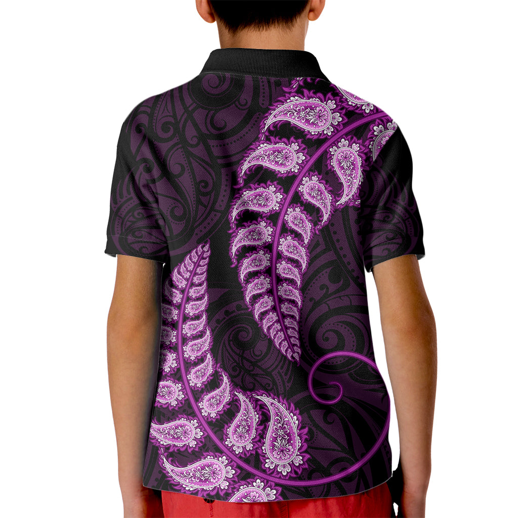 Purple New Zealand Paisley Silver Fern Kid Polo Shirt Aotearoa Maori - Vibe Hoodie Shop