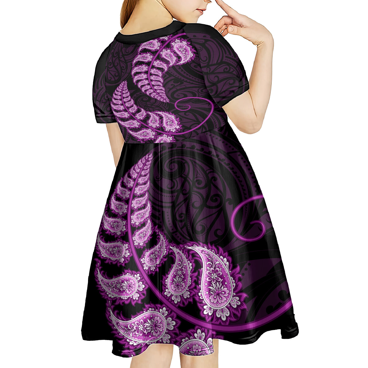 Purple New Zealand Paisley Silver Fern Kid Short Sleeve Dress Aotearoa Maori - Vibe Hoodie Shop