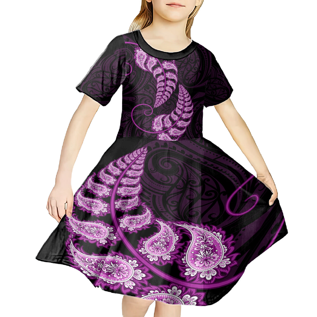 Purple New Zealand Paisley Silver Fern Kid Short Sleeve Dress Aotearoa Maori - Vibe Hoodie Shop