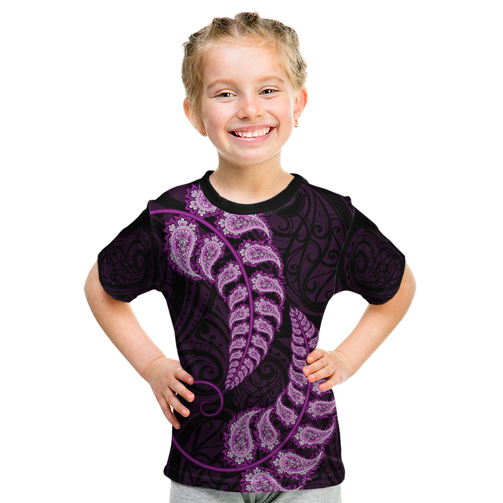 Purple New Zealand Paisley Silver Fern Kid T Shirt Aotearoa Maori - Vibe Hoodie Shop