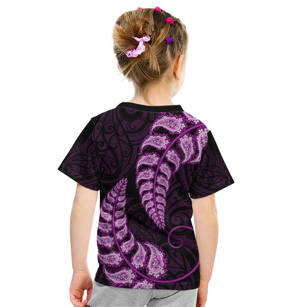 Purple New Zealand Paisley Silver Fern Kid T Shirt Aotearoa Maori - Vibe Hoodie Shop