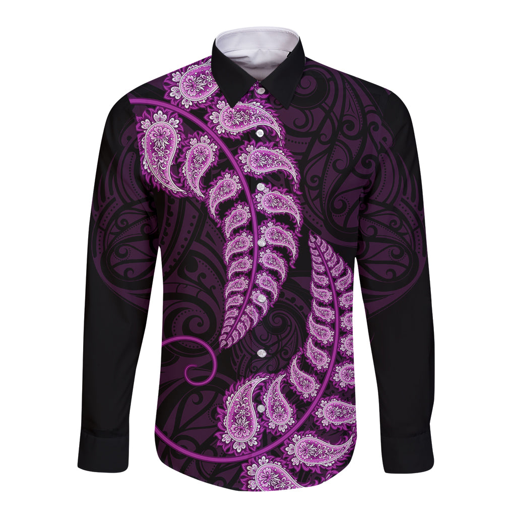 Purple New Zealand Paisley Silver Fern Long Sleeve Button Shirt Aotearoa Maori - Vibe Hoodie Shop