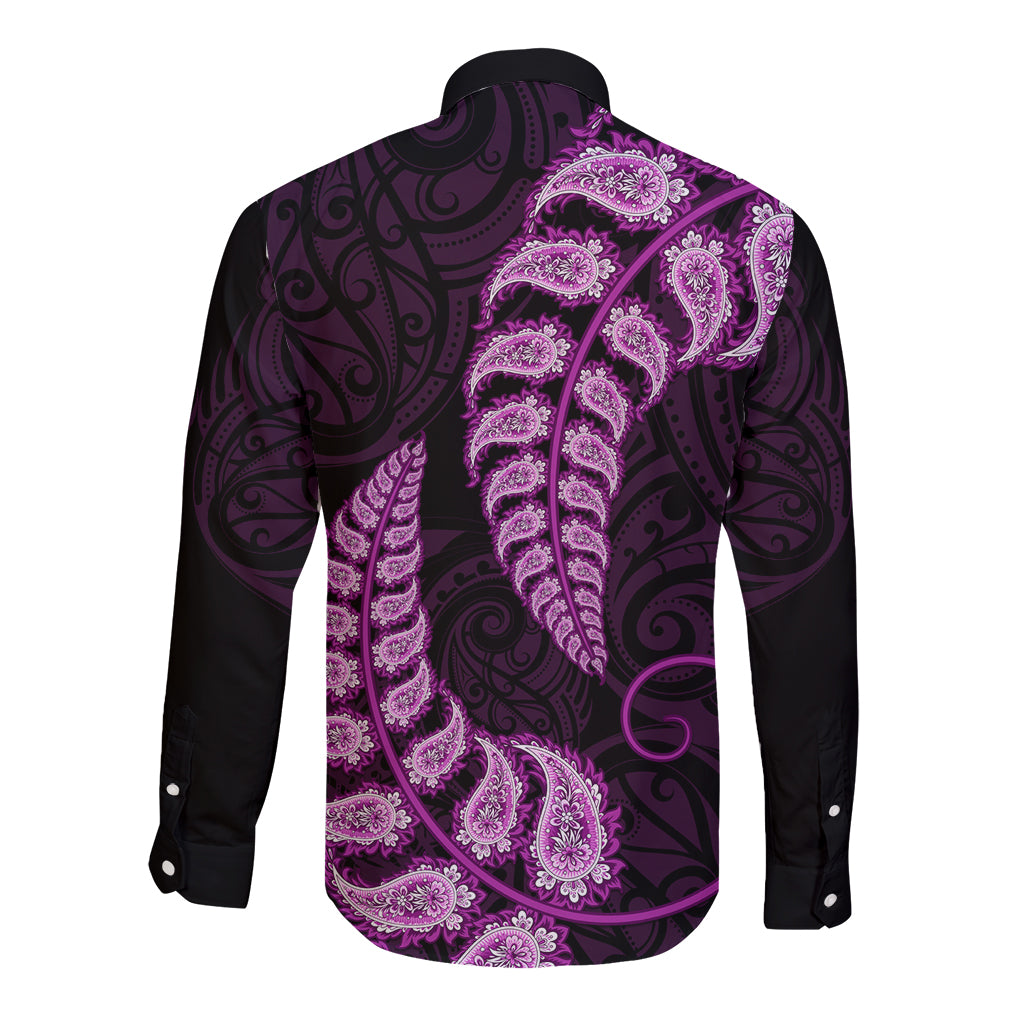 Purple New Zealand Paisley Silver Fern Long Sleeve Button Shirt Aotearoa Maori - Vibe Hoodie Shop