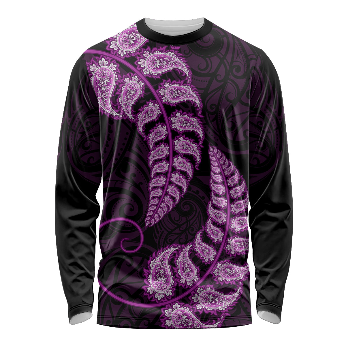 Purple New Zealand Paisley Silver Fern Long Sleeve Shirt Aotearoa Maori - Vibe Hoodie Shop